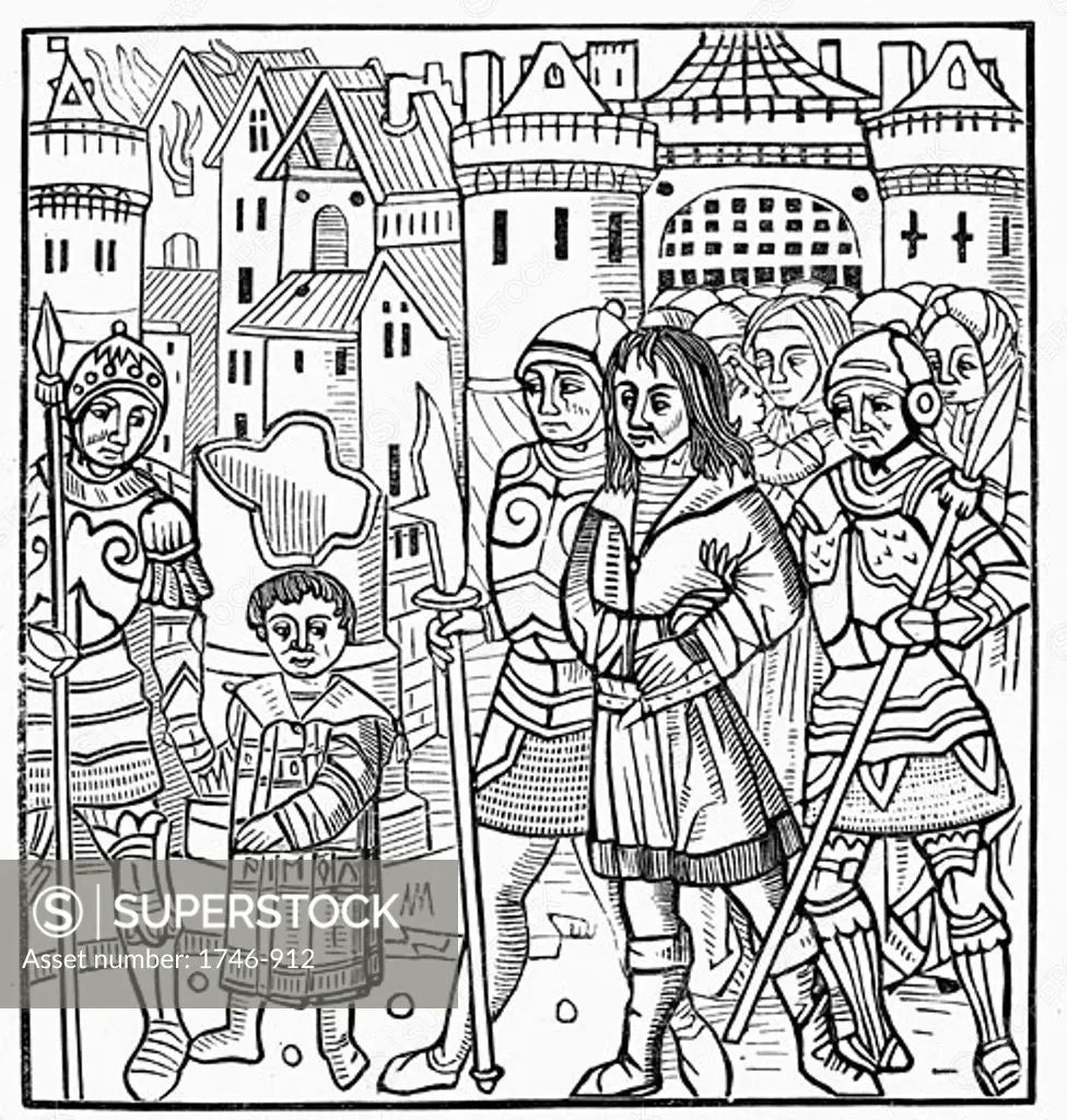 Saint Louis (Louis IX of France) and his brothers Alphonse and Charles taken prisoner during the Sixth  Crusade. Ransomed 1250. Woodcut of 1522