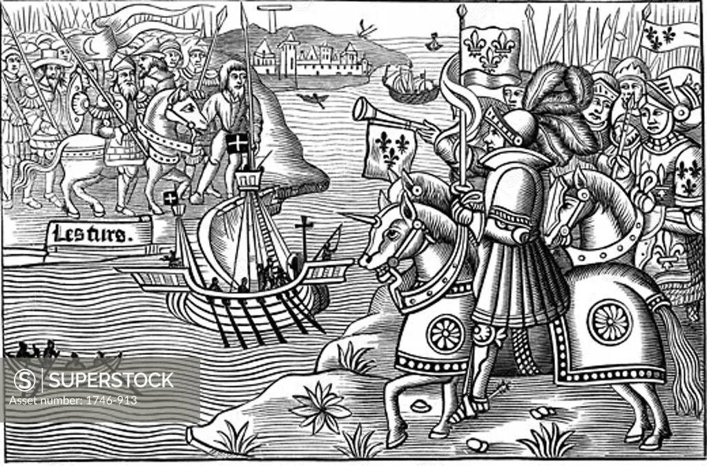 Saint Louis (Louis IX of France) disembarking at Carthage during his second (the Eighth) crusade 1270. Woodcut from "Passaiges d'oultremer" 1518. 