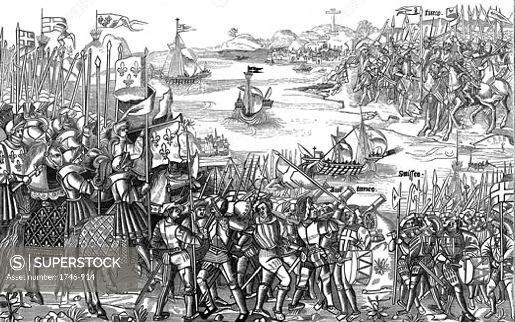 Saint Louis (Louis IX of France) on his first (the Sixth) crusade disembarking of Damietta (Nile Delta) which he captured in 1249. Saracen army at top right. Woodcut from "Grand voyage de Hierusalem" 1522 