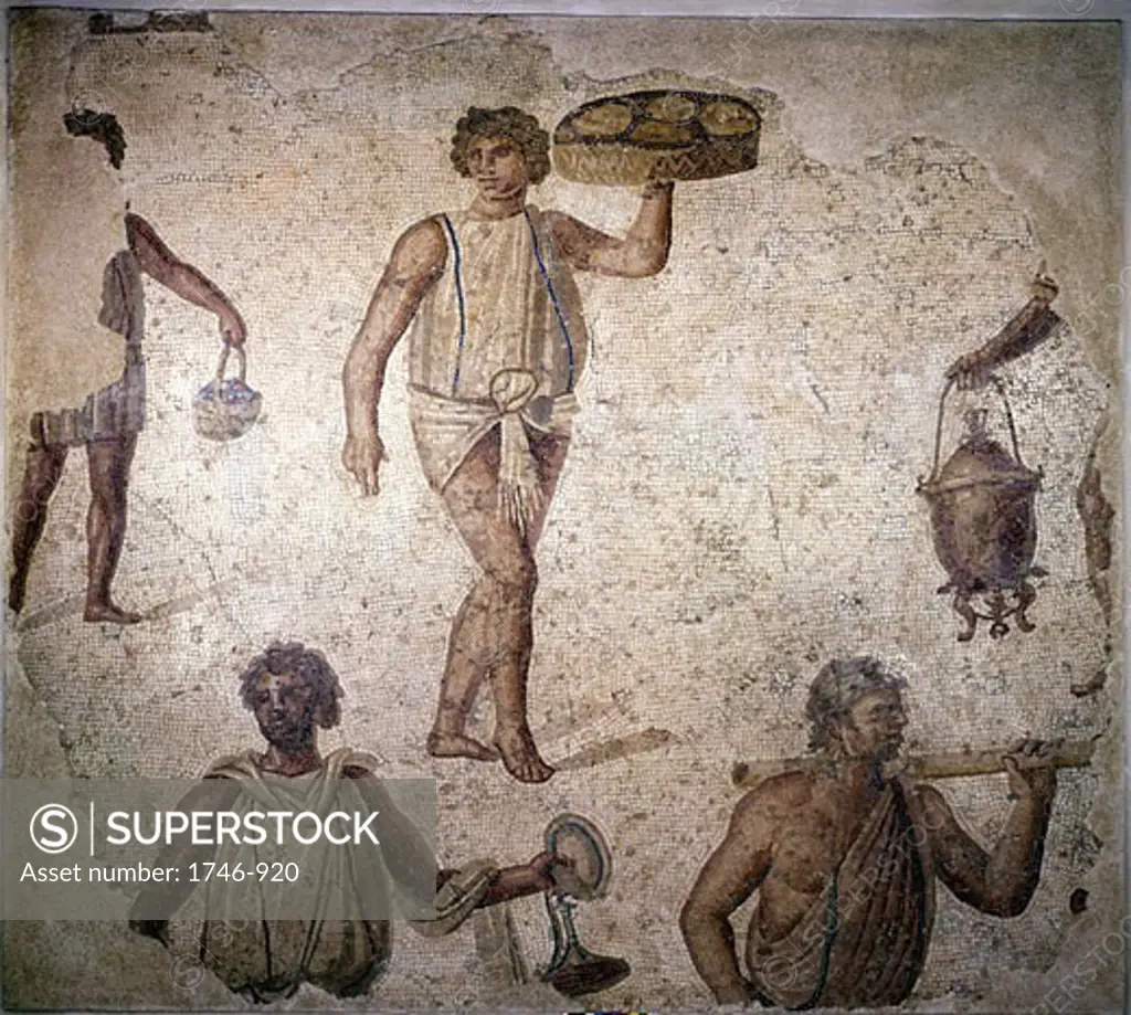 Roman mosaic, Circa 6th century AD. Shows servants or slaves at work