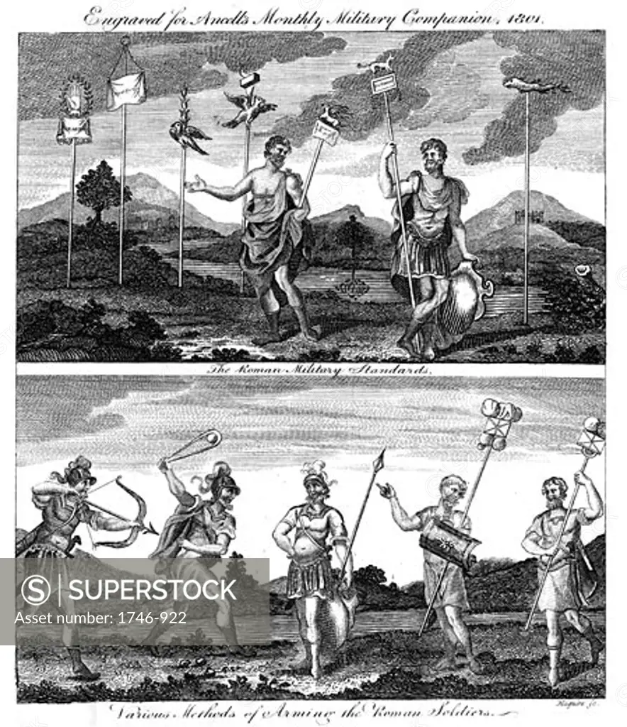 Standards of Roman legions (top) and Weapons and armour used by Roman soldiers, From Ancell's Monthly Military Companion, 1801, Copperplate engraving
