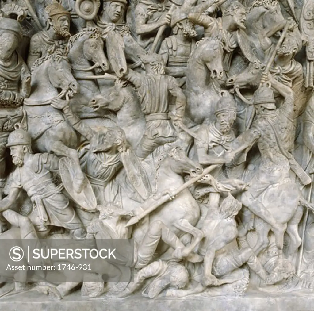 Roman soldiers taking part in Decursio - ritual circling of funeral pyre. Detail of relief from the Antonine Column, Rome erected c180-196  by Commodus