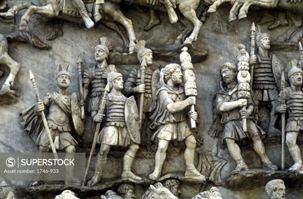 Roman soldiers taking part in Decursio - ritual circling of funeral pyre. Detail of relief from the Antonine Column, Rome erected c180-196 by Commodus