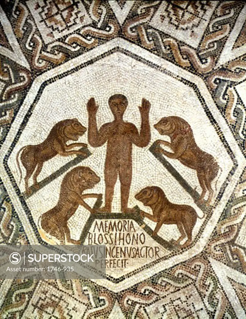 Roman mosaic showing Daniel, one of four great Hebrew prophets, cast into the Lions' den by Nebuchadnezzar (Nebuchadrezzar) king of Babylon. 5th century AD. Bardo Museum, Tunis'