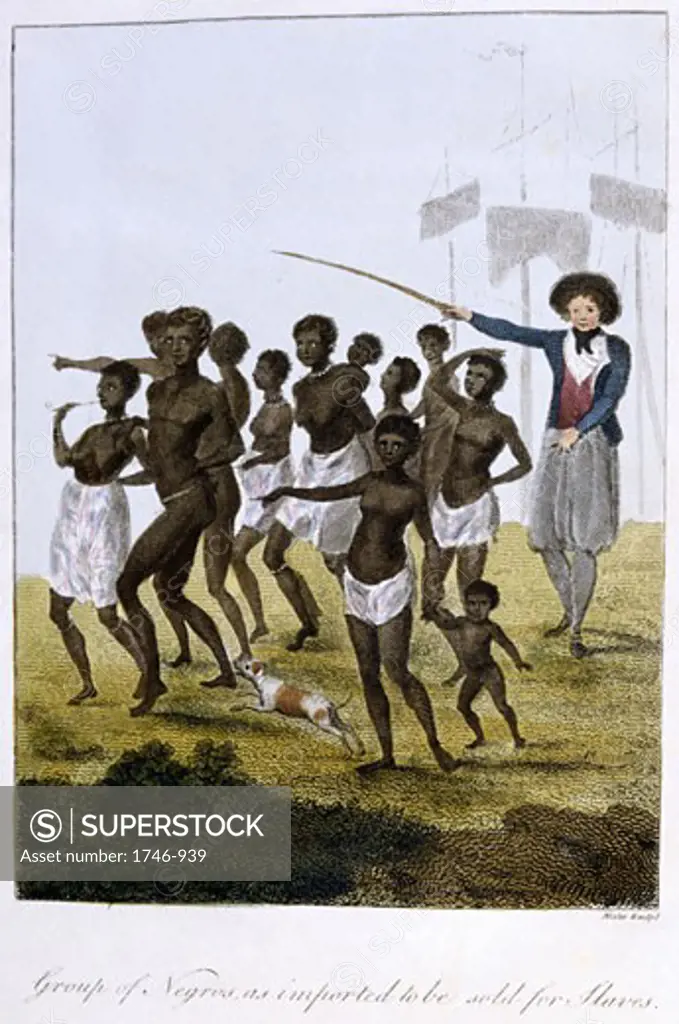 'Surinam, South America, 1772-77. Group of newly arrived black slaves herded by slave master with stick. From Stedman ''Journal of Five Years Expedition against the Rebelling Blacks of Surinam 1772-77'' London 1793. Hand-coloured engraving '