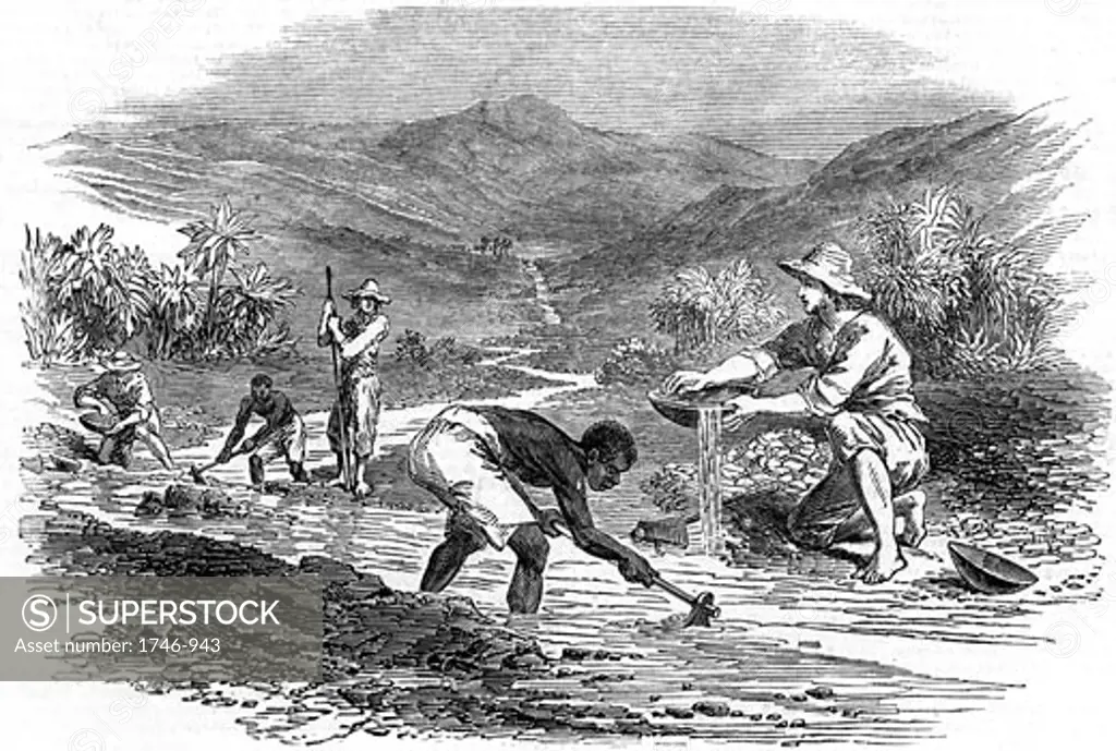 Panning for gold during the Californian Gold Rush of 1849. From "The Illustrated London News" 6 January 1849. Wood engraving