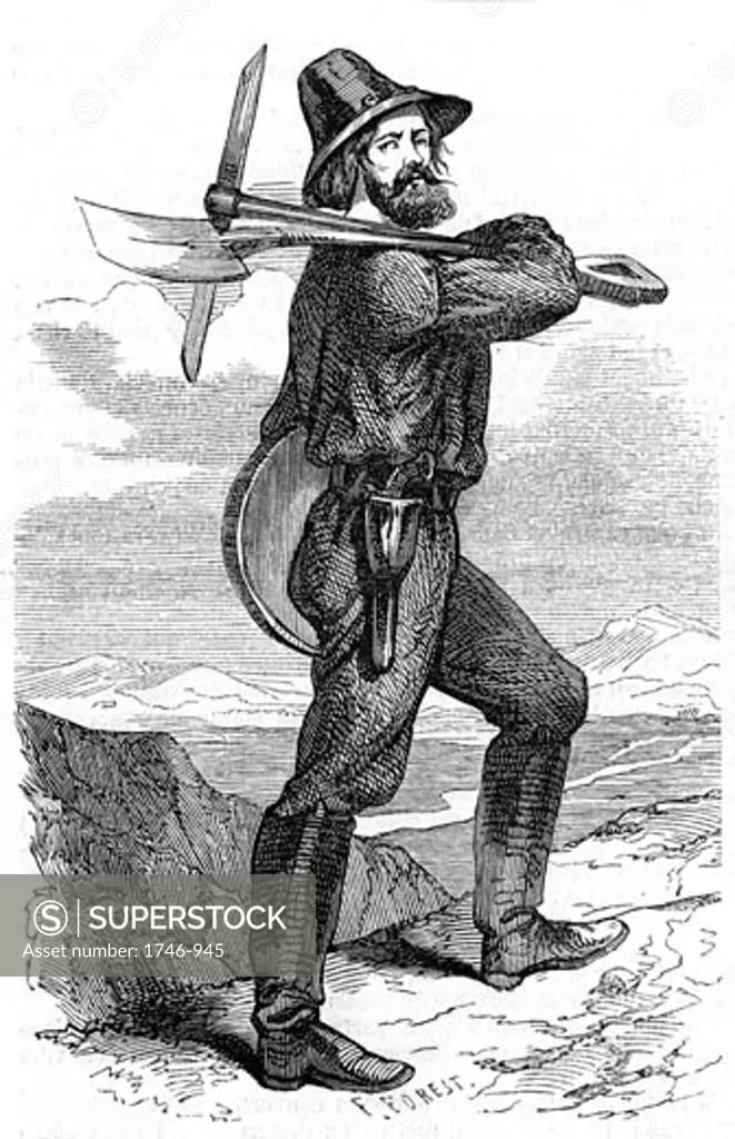 Mining prospector in the Californian gold fields. From "L'Illustration" Paris 18 June 1853. Wood engraving