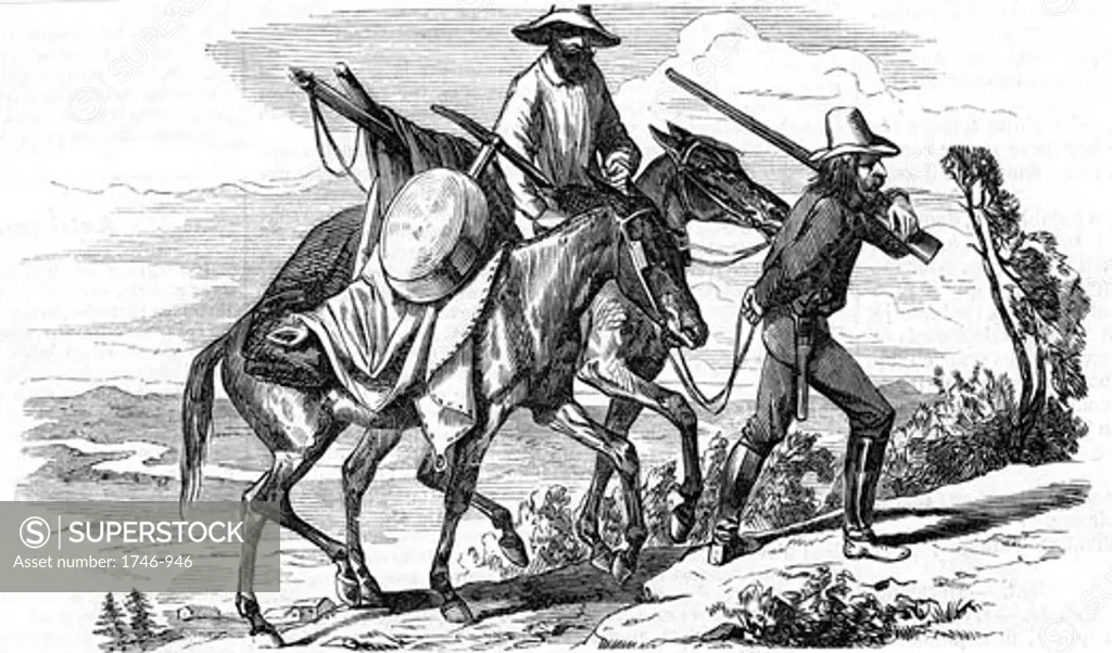 Hopefuls off to the Californian gold fields with their belongings and equipment loaded on their horses and carrying pistols and rifle.  From "L'Illustration" Paris 18 June 1853. Wood engraving