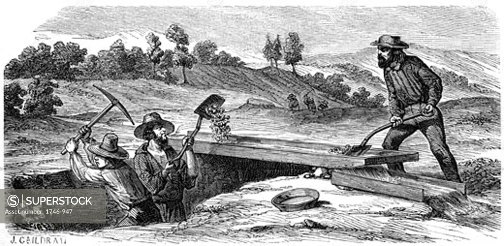 Miners washing for gold in the Californian gold fields. The apparatus they are using is called a Long Tom. From "L'Illustration" Paris 18 June 1853. Wood engraving