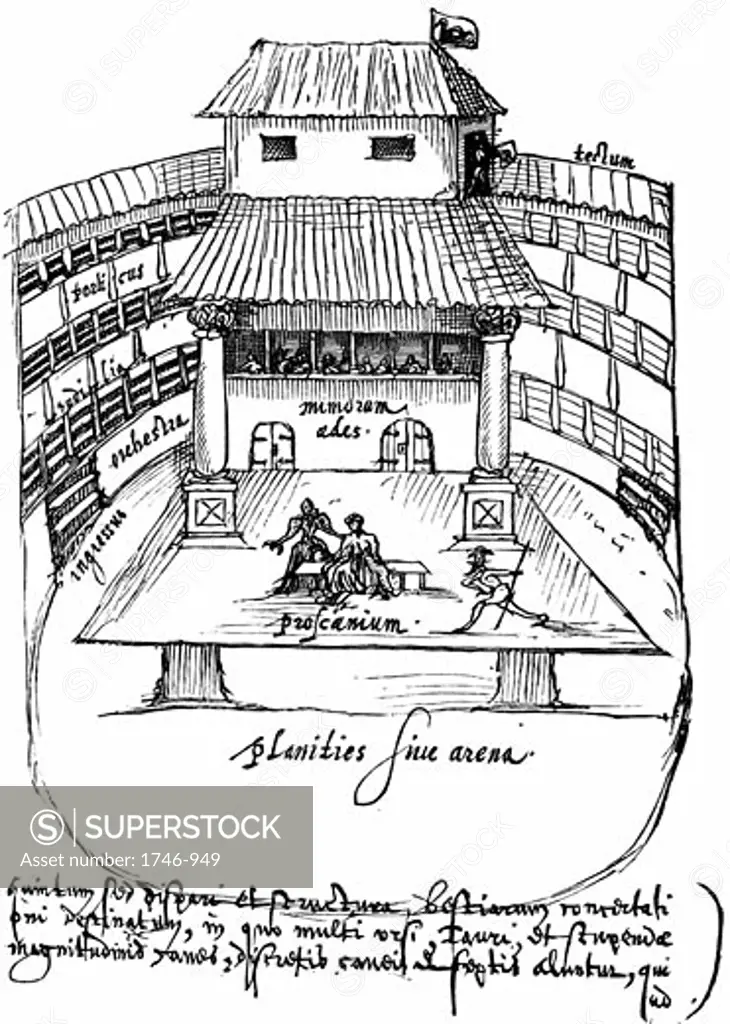 Interior of the Swan Theatre, Bankside, London, 1596, showing a performance in progress. from a drawing by the Dutchman Johannes de Witt
