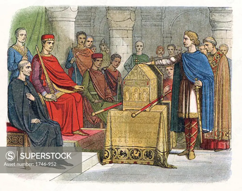 Harold II (c1020-1066) last Anglo-Saxon king of England (1066): Harold swearing an oath on sacred relics (c1064) before William of Normandy to support his claim to the English throne on death of Edward the Confessor.