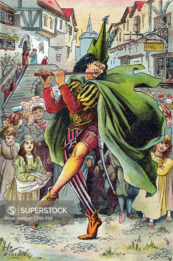 Pied Piper leading away children of German town of Hamelin. Illustration from children's book of c1899.