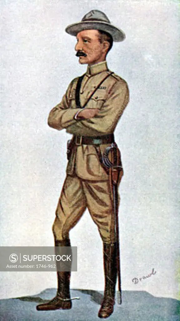 Robert Stephenson Smyth Baden-Powell (1857-1941) English soldier; founded Boy Scouts (1910), In Boer War won fame as defender of Mafeking (1899-1900) Cartoon from Vanity Fair London 1900, Halftone