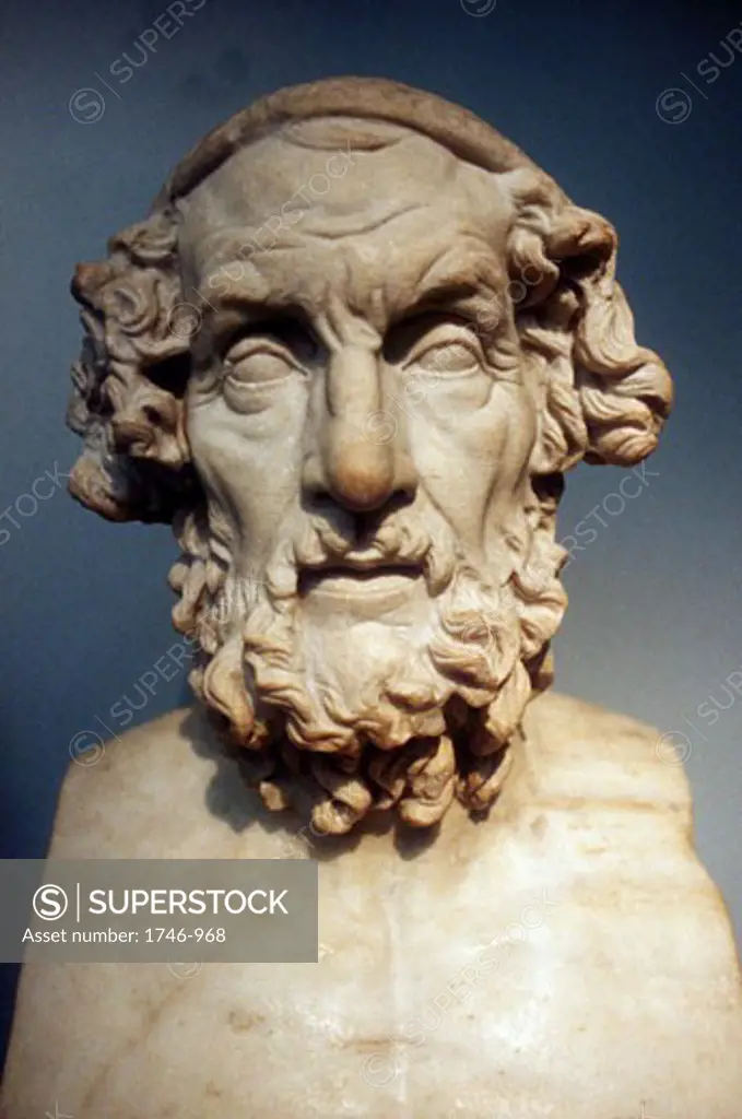 Homer (8th century BC) Greek epic poet credited with authorship of the "Iliad" and the "Odyssey". Roman copy of lost Greek bust of 2nd century BC
