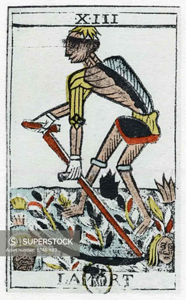 Tarot Card of Death, the grim reaper. Noblet tarot, 17th century.