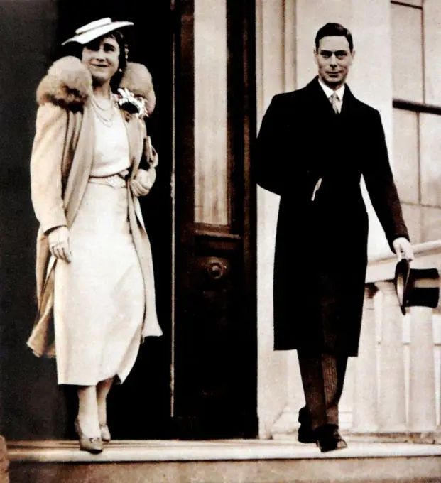 february 1937. Queen Elizabeth and King George VI leave for a family christening.
