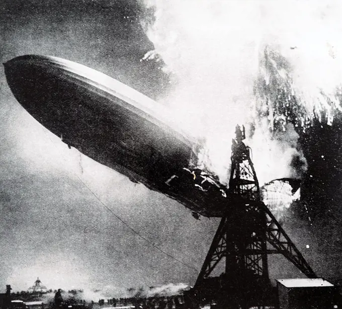 Photograph taken during the Hindenburg disaster. A German passenger airship LZ 129 Hindenburg caught fire and was destroyed whilst attempting to dock at the Naval Air Station Lakehurst. Dated 20th Century