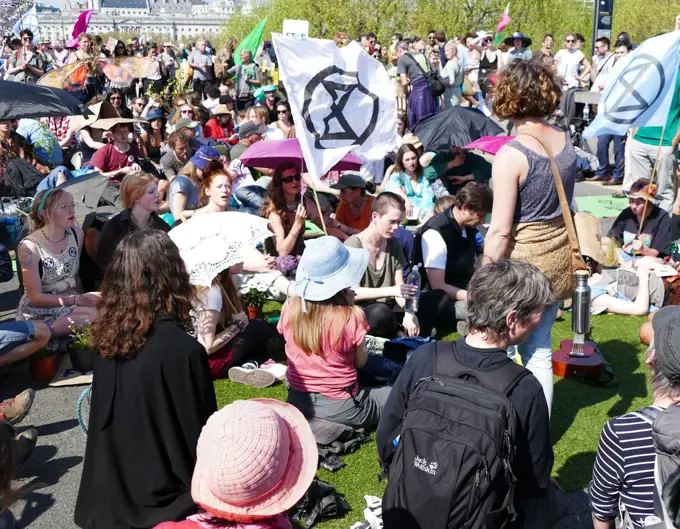 Extinction Rebellion climate change protesters protest peacefully, by occcupying Waterloo Bridge, in London. April 20th 2019