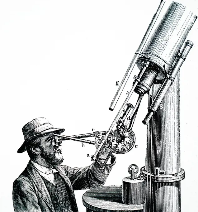 Illustration depicting Norman Lockyer observing the solar spectrum through multiple-prism spectroscope fitted to a refracting telescope. Dated 19th century
