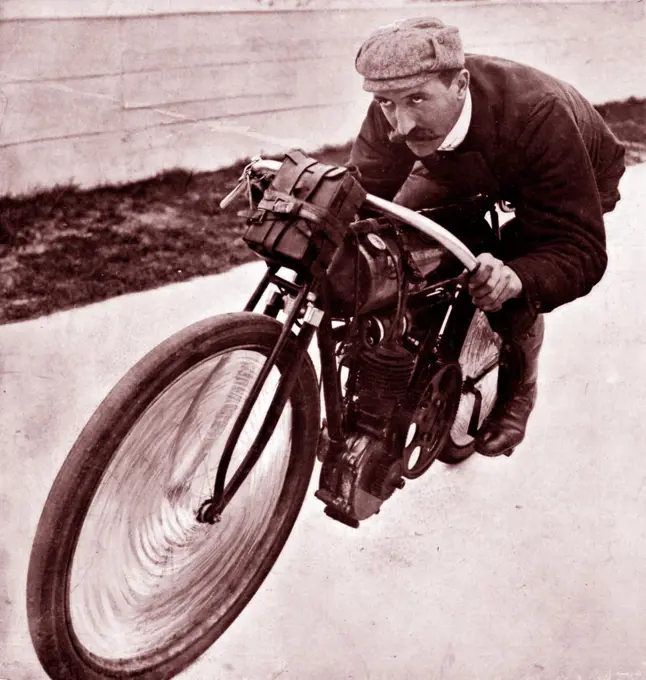 Henri Cissac and his Peugeot motocyclette (1905). Henri Cissac, (1877 - 1908); French motorcycle speed rider who became a racing driver, having spent his entire career with the French car manufacturer Peugeot. he won a French championship, and especially the Tour de France specialty category, in May 1905
