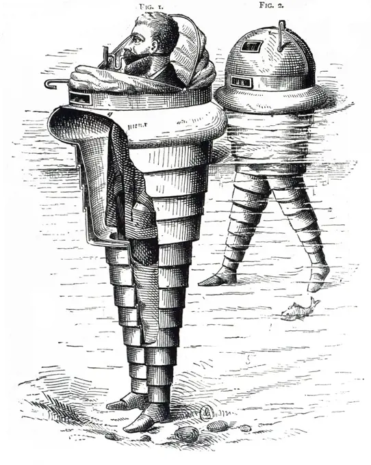 An engraving depicting a life preserver devised by Trangott Beek of Newark. Inside the top part which could open and close, a food and water supply was stored; anticipated that it would allow a months survival after a shipwreck.  Dated 19th century