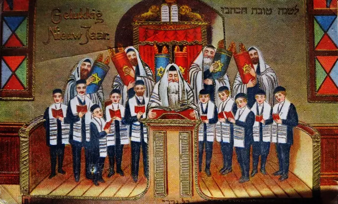 Dutch New Year Card showing men and boys in a synagogue as the Rabbi reads and the torah scrolls are taken out c 1930.