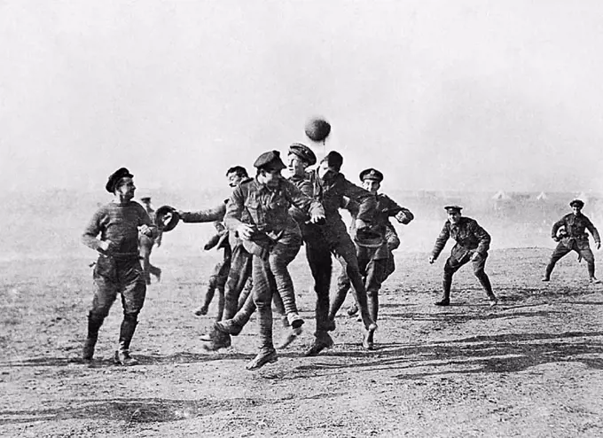 Photograph of soldiers playing football in No-Man's Land during the Christmas Truce. Dated 1914