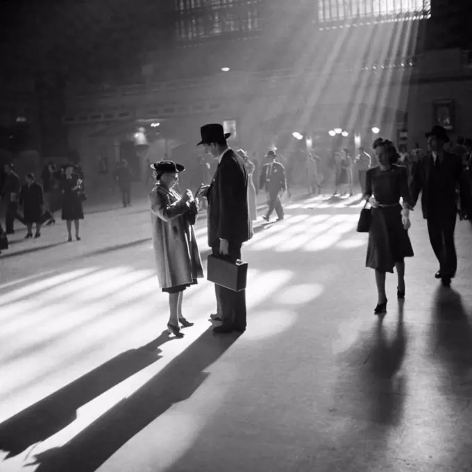 Photograph taken in Grand Central Station, New York City. Photographed by John Collier. Dated 1941