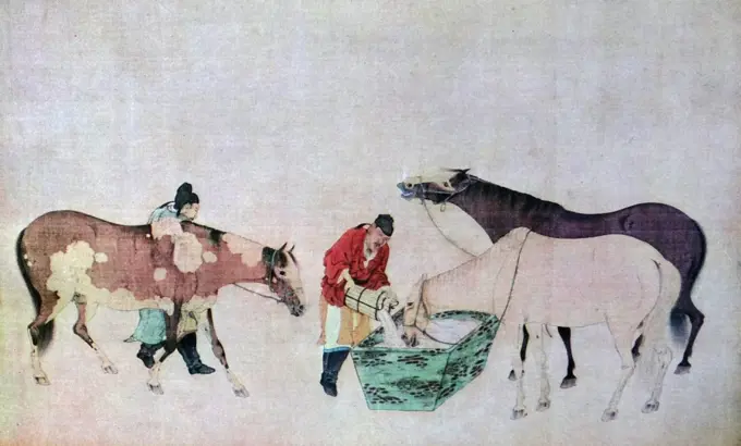 Ming Dynasty, replica of a Yuan Dynasty (13th century), scroll 'The eight Horses' (detail). Depicting riders taking horses to drink at a trough, chinese