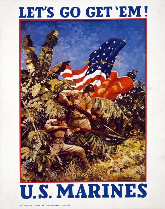 Let's go get 'em! U.S. Marines / Guinness, Captain USMC. 1942 Poster showing Marines bearing rifles with bayonets and flags in a jungle. World war two american propaganda