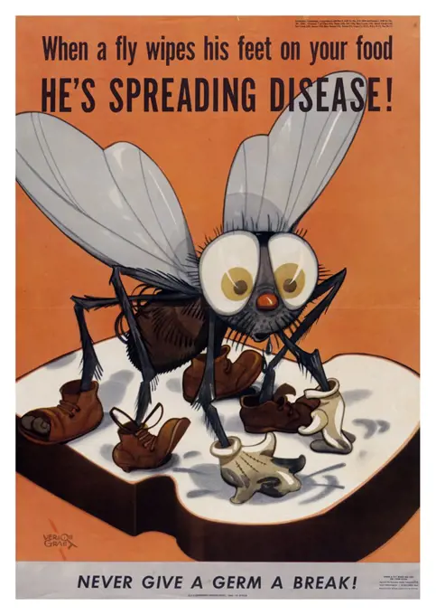 When a fly wipes his feet on your food, heís spreading disease!War Department, U.S. Government Printing Office, United States, 1944 During the war, anti-fly health campaigns linked the insects to outbreaks of dysentery and other infectious diseases. The caption below reads: ìNever give a germ a break