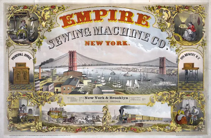 Colour lithograph of advertising the Empire Sewing Machine Co. The print depicts views of New York and the Brooklyn suspension bridge, sewing machines, people sewing by hand and various modes of transportation. Dated 1870
