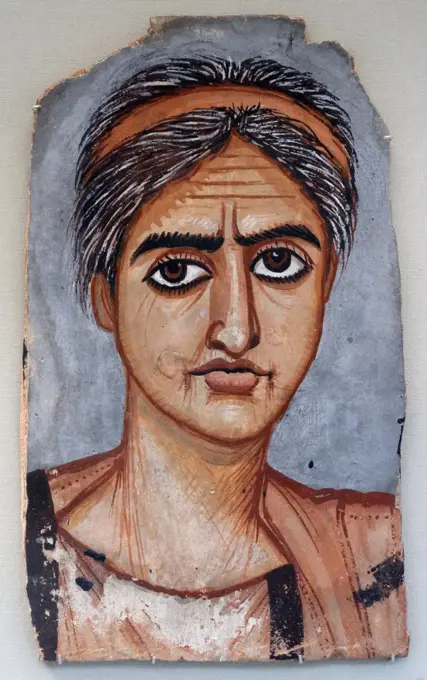 Portrait of a woman, painted in encaustic on wood. Roman, about AD 300-325 From a tomb at Rubayat in the Fayum, Egypt
