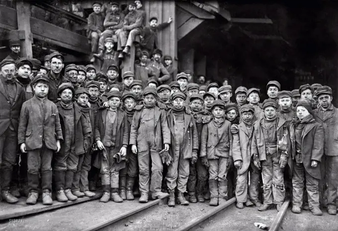 Child labour in the USA; 1911. South Pittston, Pa. Breaker boys working in Ewen Breaker of Pennsylvania Coal Company