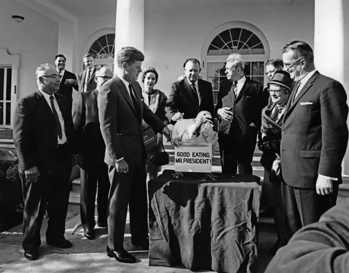 US president John Kennedy, at the pardoning of the turkey (Thanksgiving) ceremonoy, at the White House 1962