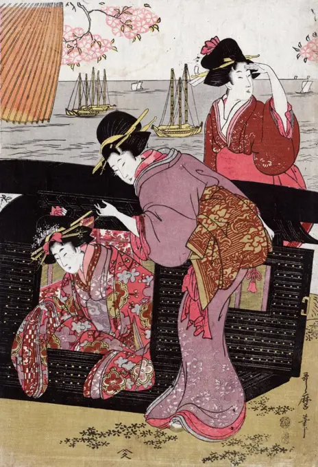 Cherry-viewing at Gotenyama by Utamaro Kitagawa (1753-1806). Print of a woman helping another woman get out of a sedan chair and another woman standing behind the chair, with cherry blossoms above and sailboats in the background.