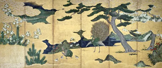 Edo Period, Japanese screen with cranes and stalks on a gold background