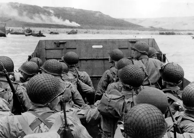 Photograph of American troops approaching Omaha Beach, Normandy, on D-Day. Dated 20th Century