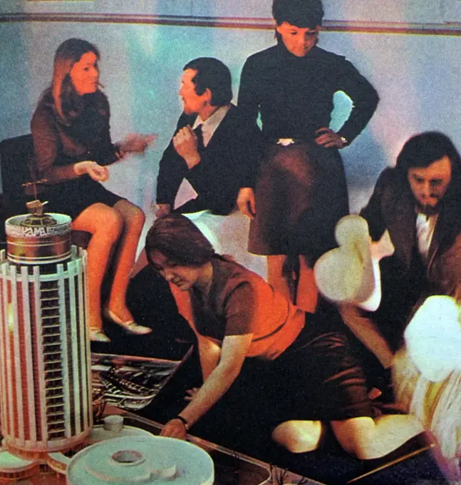 Group of Soviet youth, gathered to listen to pop music. Circa 1970