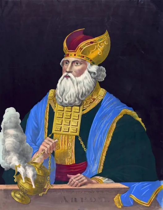Aaron, brother of Moses and first High Priest of the Israelites.  Half-length 'portrait' looking to left of Aaron in priest's robes and holding incense censer Religion Judaism Jewish Sacred Text Exodus. Hand-coloured lithograph, c1874.