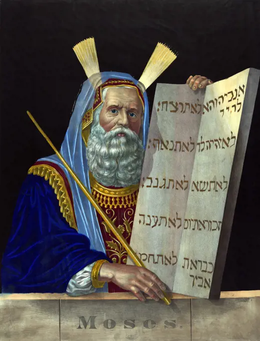 Moses, religious leader and principal prophet of  Israelites. Half-length 'portrait' of Moses facing right, holding the tablets inscribed with the Ten Commandments given him by God on Mount Sinai. Hand-coloured lithograph c1874.  Judaism