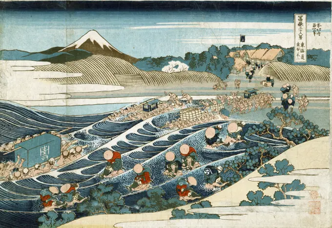 Fuji at Kanaya on the Tokaido Road. From 'Thirty-six Views of Mount Fuji', c1831. Katsushika Hokusai (1760-1849)  Japanese Ukiyo-e artist.  Porters carrying litter, sedan chairs, goods and individuals across the Oi River.  Water Ford