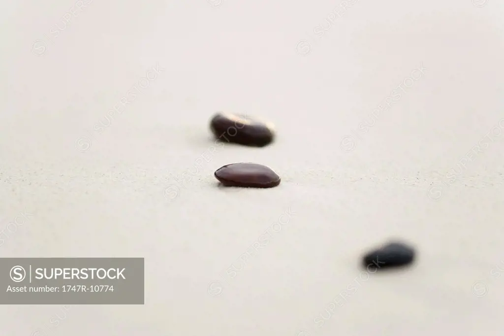 Small stones on sand, one in focus