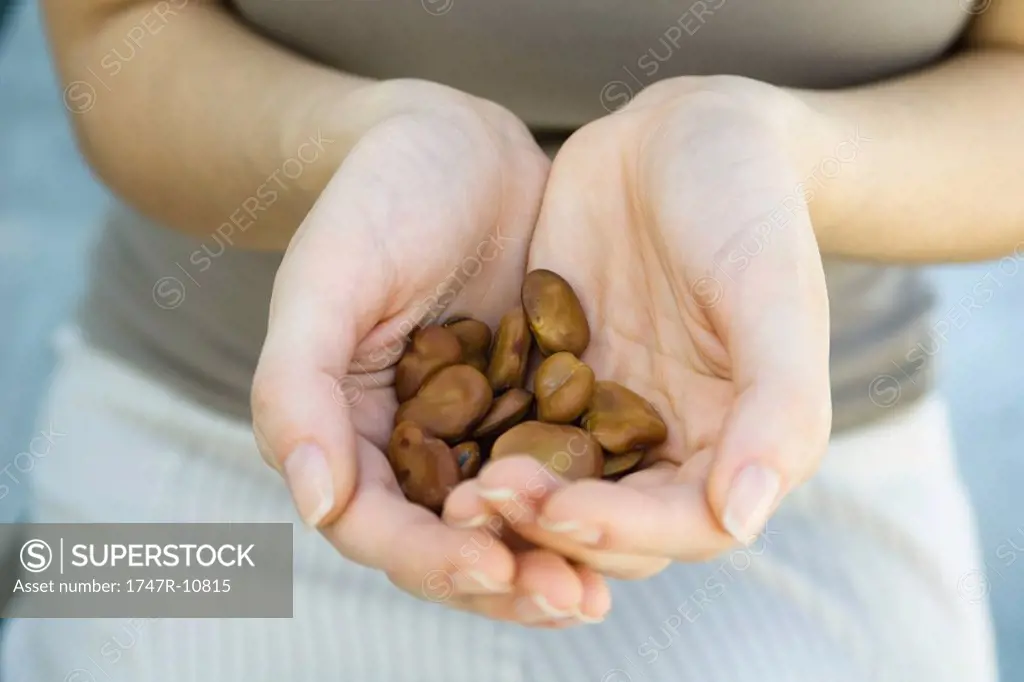 Cupped hands holding large brown seeds