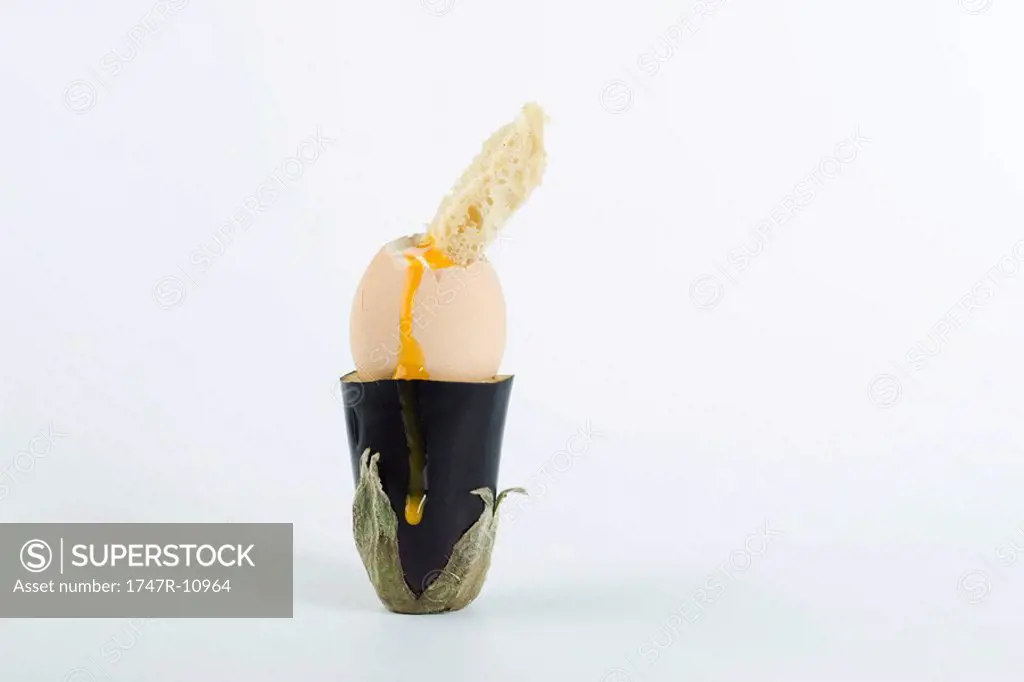 Soft-boiled egg with piece of toast in eggplant holder