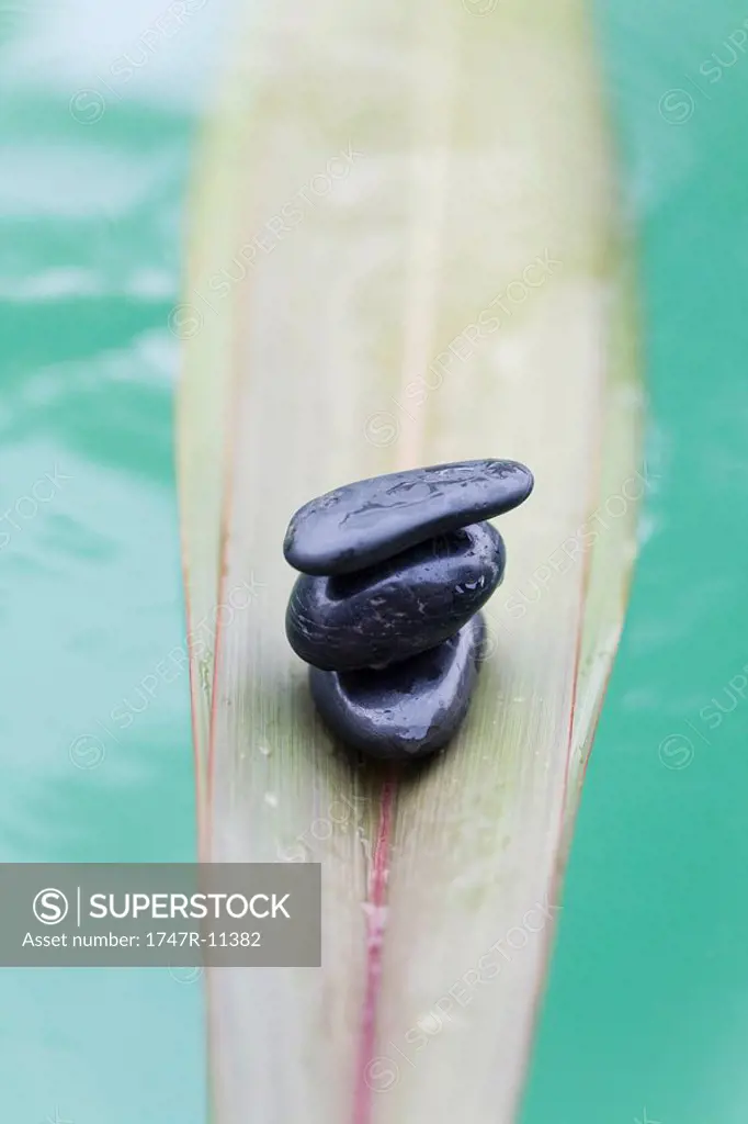 Stack of stones on palm leaf floating on water
