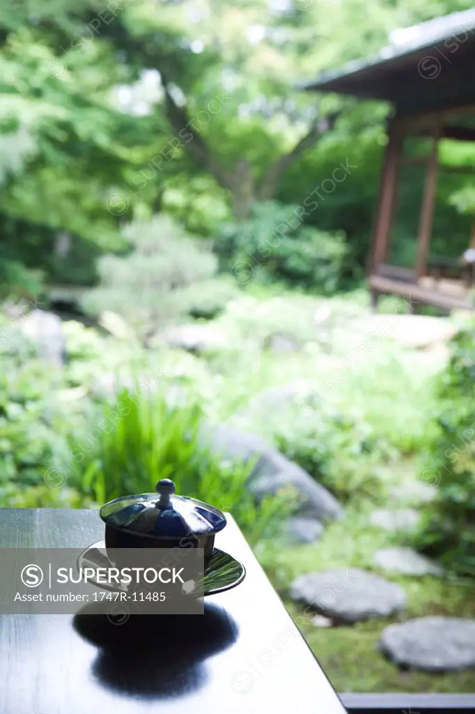 Covered tea cup and saucer on table, Japanese garden in background