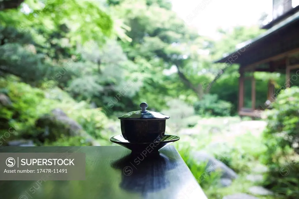 Covered tea cup and saucer on table, Japanese garden in background