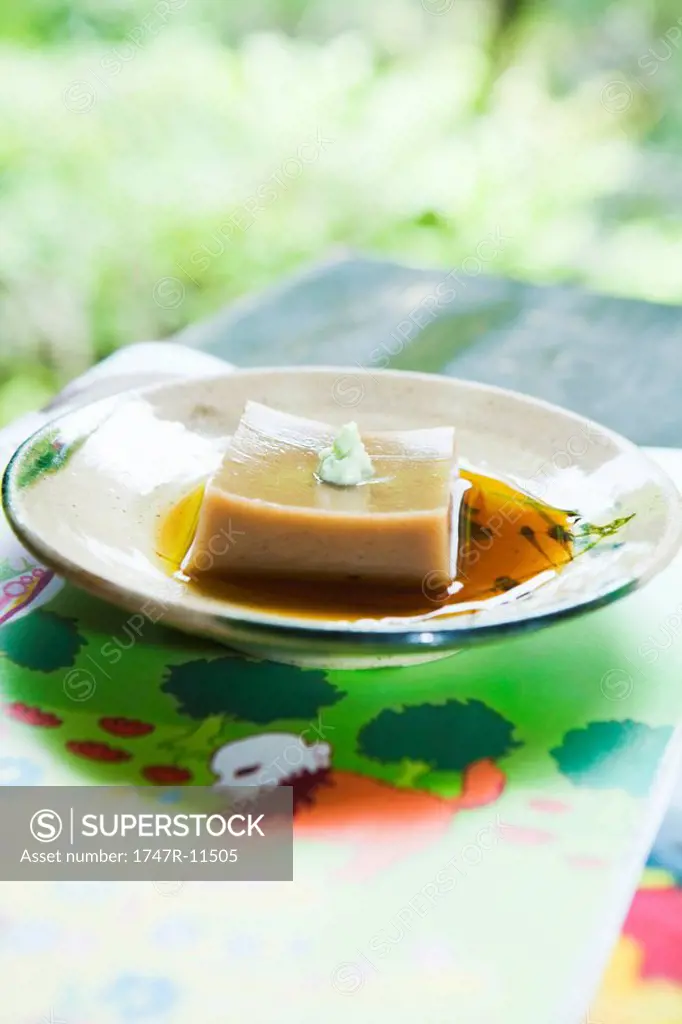 Goma dofu tofu made from ground sesame paste and kudzu powder, served with soy sauce and wasabi