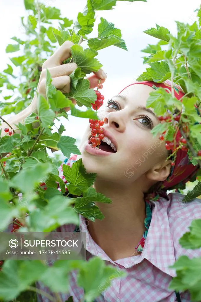Teen girl eating red currants off the stem, surrounded by vegetation